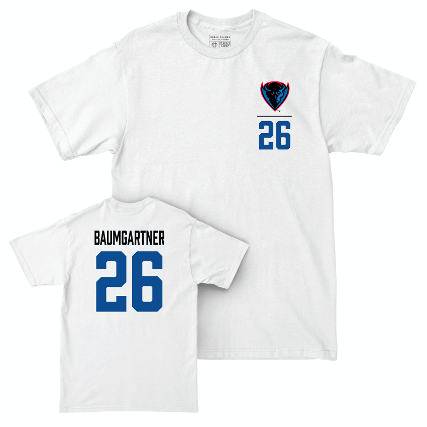 DePaul Men's Soccer White Logo Comfort Colors Tee - Christian Baumgartner | #26 Youth Small