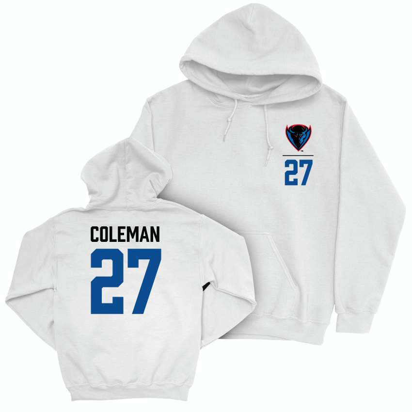 DePaul Men's Soccer White Logo Hoodie - Izaiah Coleman | #27 Youth Small